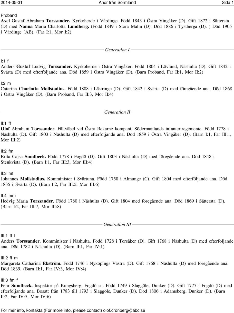 Född 1804 i Lövlund, Näshulta (D). Gift 1842 i Svärta (D) med efterföljande ana. Död 1859 i Östra Vingåker (D). (Barn Proband, Far II:1, Mor II:2) I:2 m Catarina Charlotta Mollstadius.