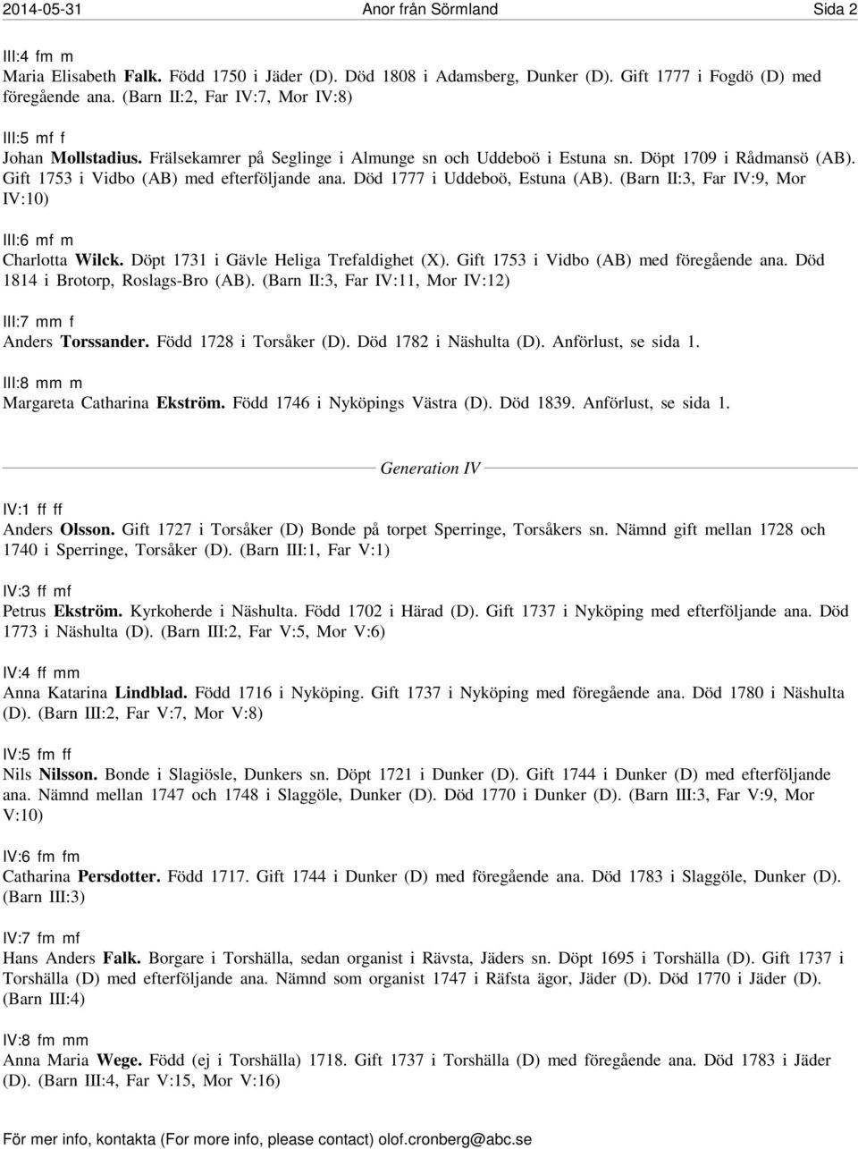 Död 1777 i Uddeboö, Estuna (AB). (Barn II:3, Far IV:9, Mor IV:10) III:6 mf m Charlotta Wilck. Döpt 1731 i Gävle Heliga Trefaldighet (X). Gift 1753 i Vidbo (AB) med föregående ana.