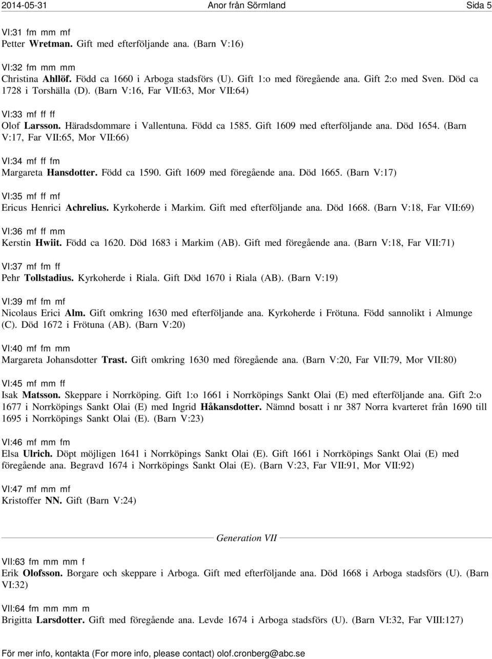 Gift 1609 med efterföljande ana. Död 1654. (Barn V:17, Far VII:65, Mor VII:66) VI:34 mf ff fm Margareta Hansdotter. Född ca 1590. Gift 1609 med föregående ana. Död 1665.