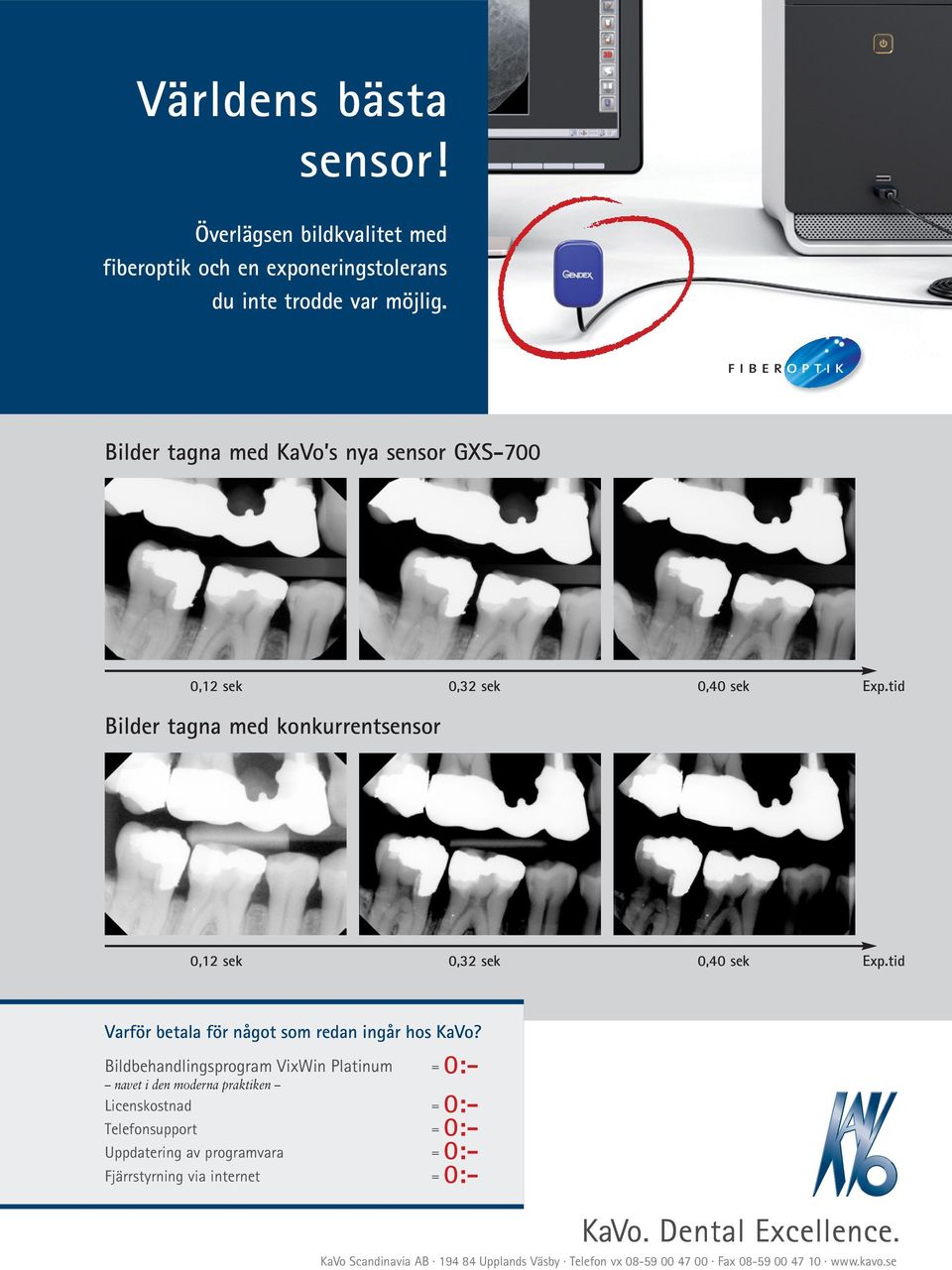 tid Bilder tagna med konkurrentsensor 0,12 sek 0,32 sek 0,40 sek Exp.tid Varför betala för något som redan ingår hos KaVo?