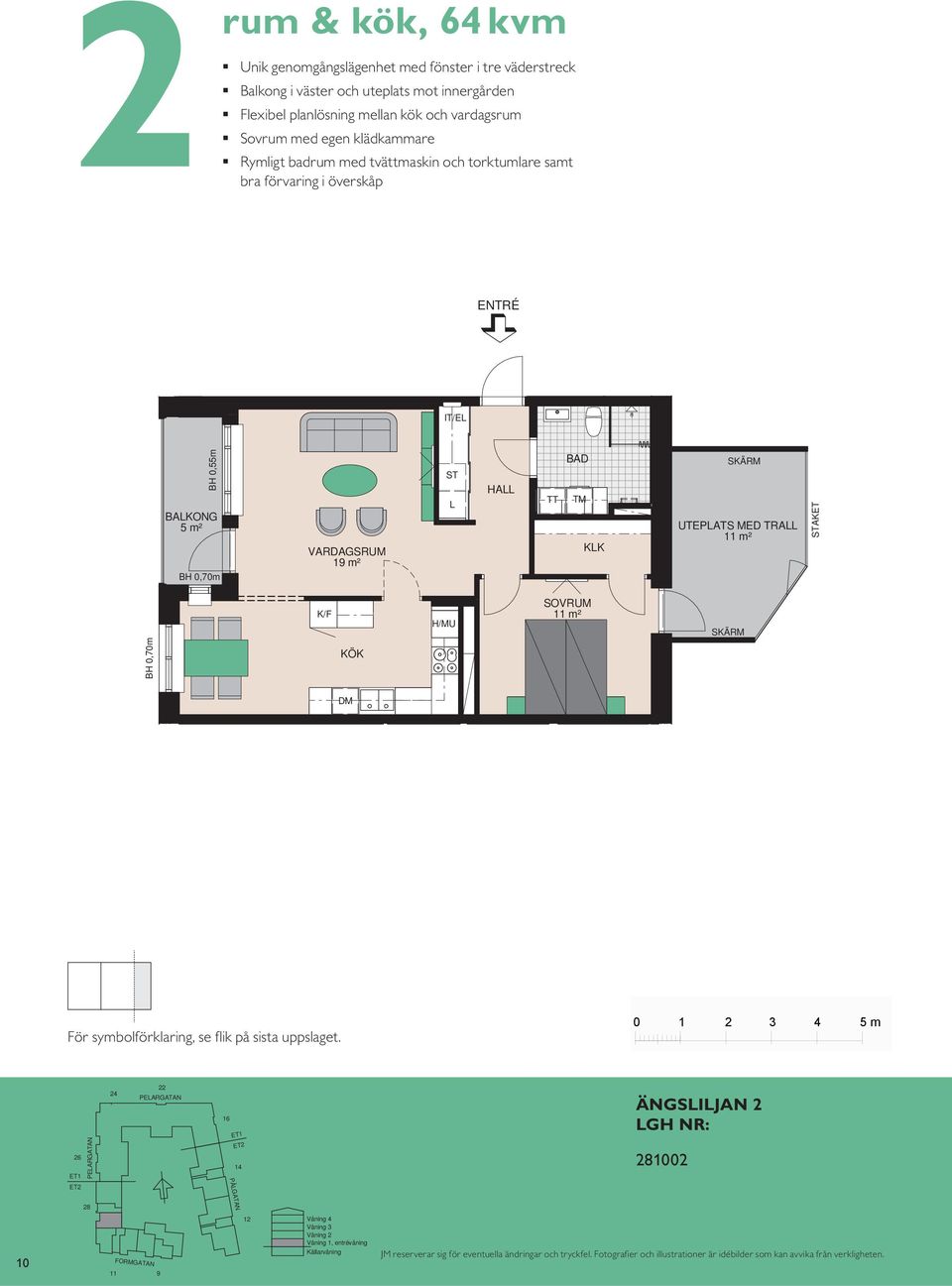 samt bra förvaring i överskåp ENTRÉ IT/E BAKONG 5 m² 19 m² HA TT TM KK SKÄRM UTEPATS MED TRA 11 m² AKET K/F H/MU SOVRUM