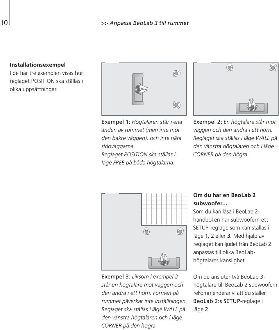 Exempel 2: En högtalare står mot väggen och den andra i ett hörn. Reglaget ska ställas i läge WALL på den vänstra högtalaren och i läge CORNER på den högra.