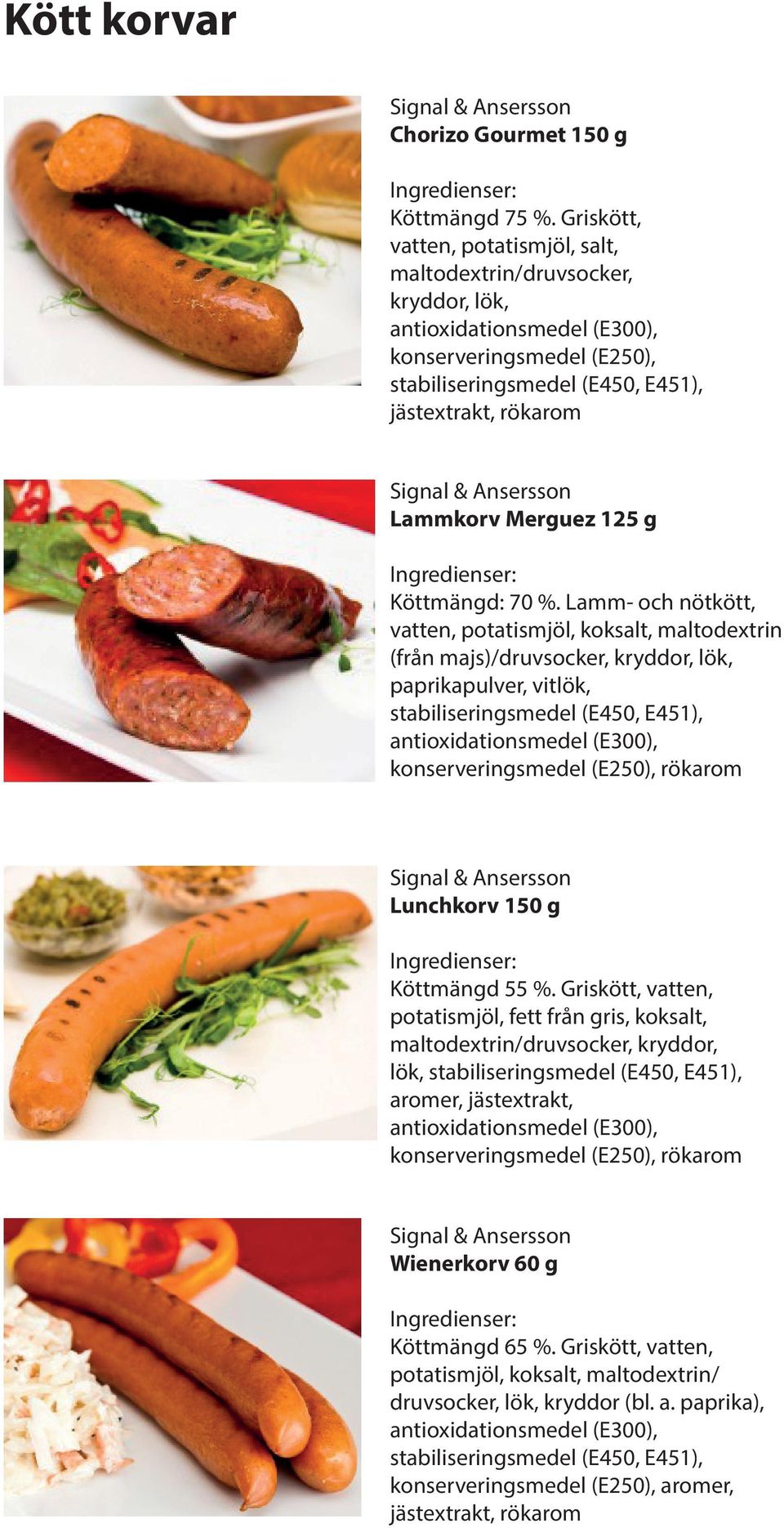 Lamm- och nötkött, vatten, potatismjöl, koksalt, maltodextrin (från majs)/druvsocker, kryddor, lök, paprikapulver, vitlök, konserveringsmedel (E250), rökarom Lunchkorv 150 g Köttmängd