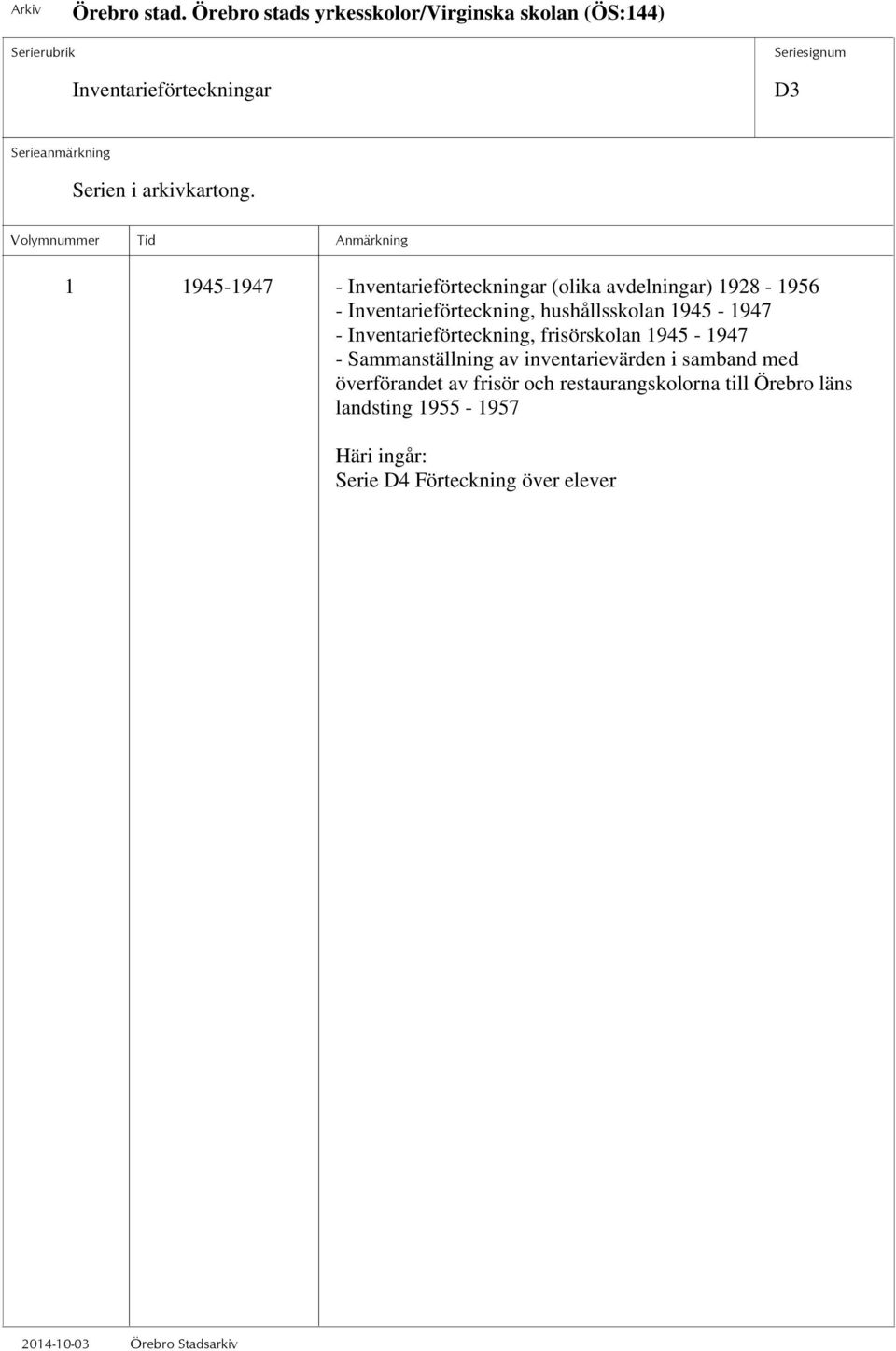 hushållsskolan 1945-1947 - Inventarieförteckning, frisörskolan 1945-1947 - Sammanställning av