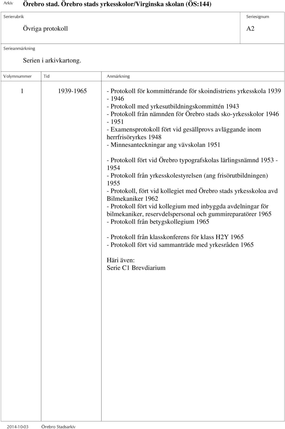 Examensprotokoll fört vid gesällprovs avläggande inom herrfrisöryrkes 1948 - Minnesanteckningar ang vävskolan 1951 - Protokoll fört vid Örebro typografskolas lärlingsnämnd 1953-1954 - Protokoll från