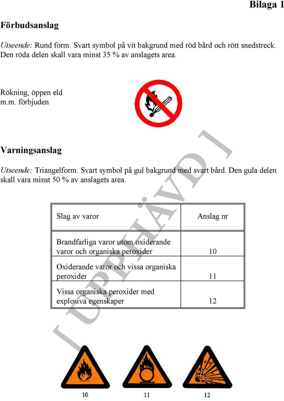 Svart symbol på gul bakgrund med svart bård. Den gula delen skall vara minst 50 % av anslagets area.