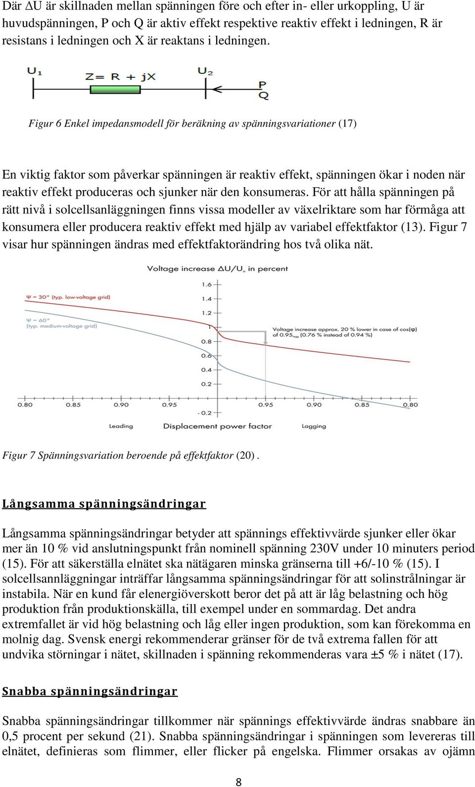 Figur 6 Enkel impedansmodell för beräkning av spänningsvariationer (17) En viktig faktor som påverkar spänningen är reaktiv effekt, spänningen ökar i noden när reaktiv effekt produceras och sjunker