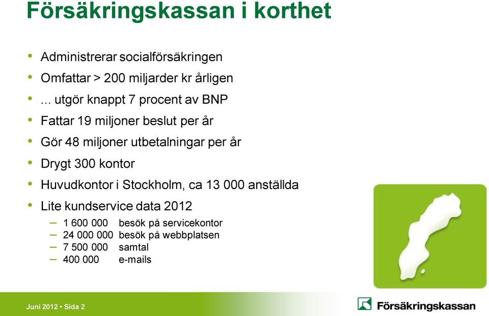 år Drygt 300 kontor Huvudkontor i Stockholm, ca 13 000 anställda Lite kundservice data 2012 1 600