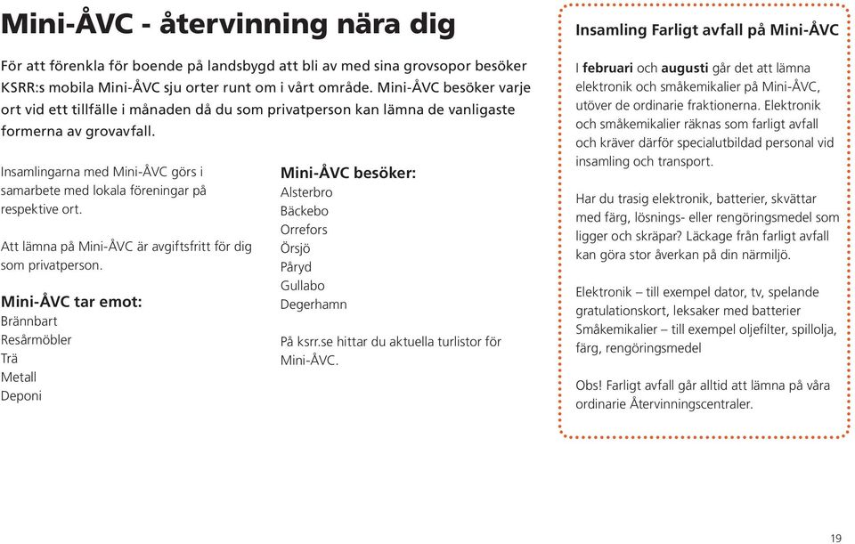 Insamlingarna med Mini-ÅVC görs i samarbete med lokala föreningar på respektive ort. Att lämna på Mini-ÅVC är avgiftsfritt för dig som privatperson.