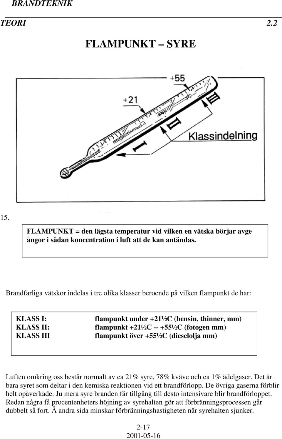 flampunkt över +55½C (dieselolja mm) Luften omkring oss består normalt av ca 21% syre, 78% kväve och ca 1% ädelgaser. Det är bara syret som deltar i den kemiska reaktionen vid ett brandförlopp.