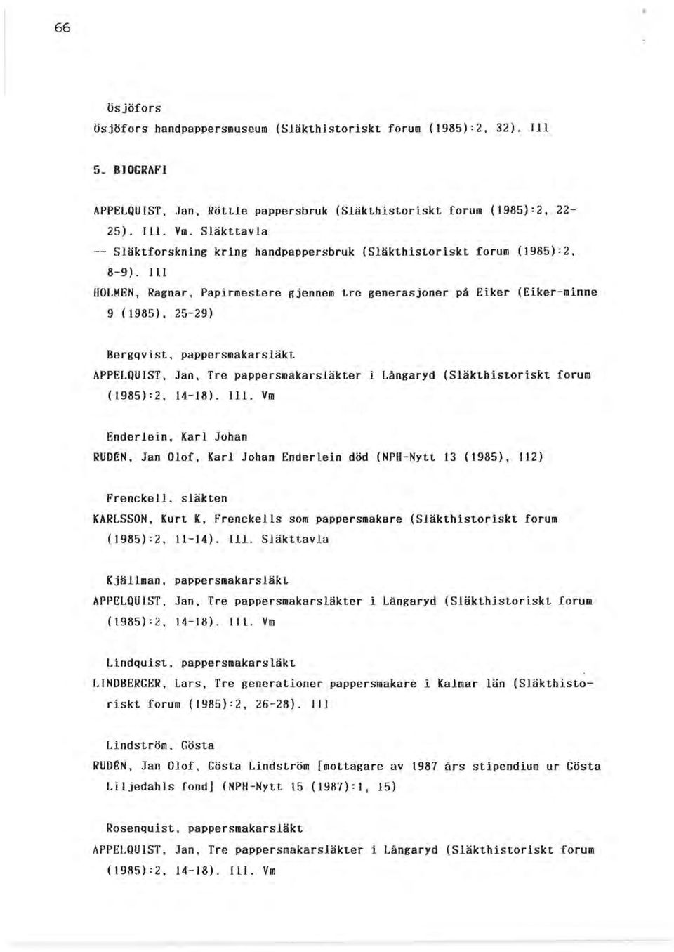 Papirmestere gjennem tre generas joner på Eiker (Eiker-minne 9 (1985), 25-29) Bergqvist, pappersmakarsläkt APPELQUIST, Jan, Tre pappersmakars.läkter i Långaryd (Släkthistoriskt forum (1985):2, 14-18).