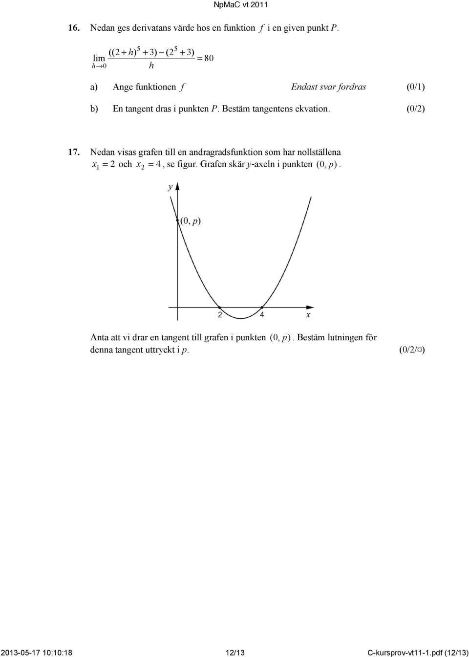 Bestäm tangentens ekvation. (0/) 17. Nedan visas grafen till en andragradsfunktion som har nollställena x 1 = och x = 4, se figur.