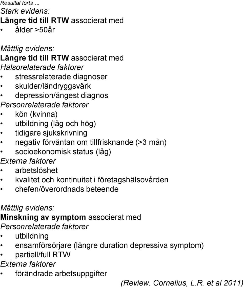 skulder/ländryggsvärk depression/ångest diagnos Personrelaterade faktorer kön (kvinna) utbildning (låg och hög) tidigare sjukskrivning negativ förväntan om tillfrisknande (>3 mån)