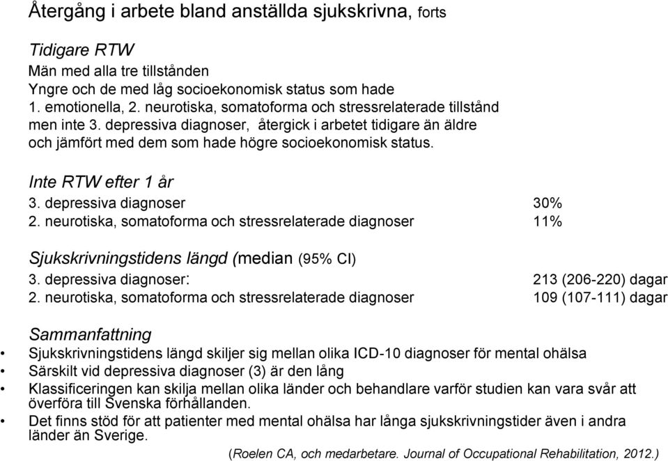 Inte RTW efter 1 år 3. depressiva diagnoser 30% 2. neurotiska, somatoforma och stressrelaterade diagnoser 11% Sjukskrivningstidens längd (median (95% CI) 3.