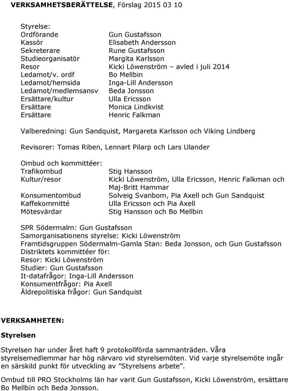 ordf Bo Mellbin Ledamot/hemsida Inga-Lill Andersson Ledamot/medlemsansv Beda Jonsson Ersättare/kultur Ulla Ericsson Ersättare Monica Lindkvist Ersättare Henric Falkman Valberedning: Gun Sandquist,