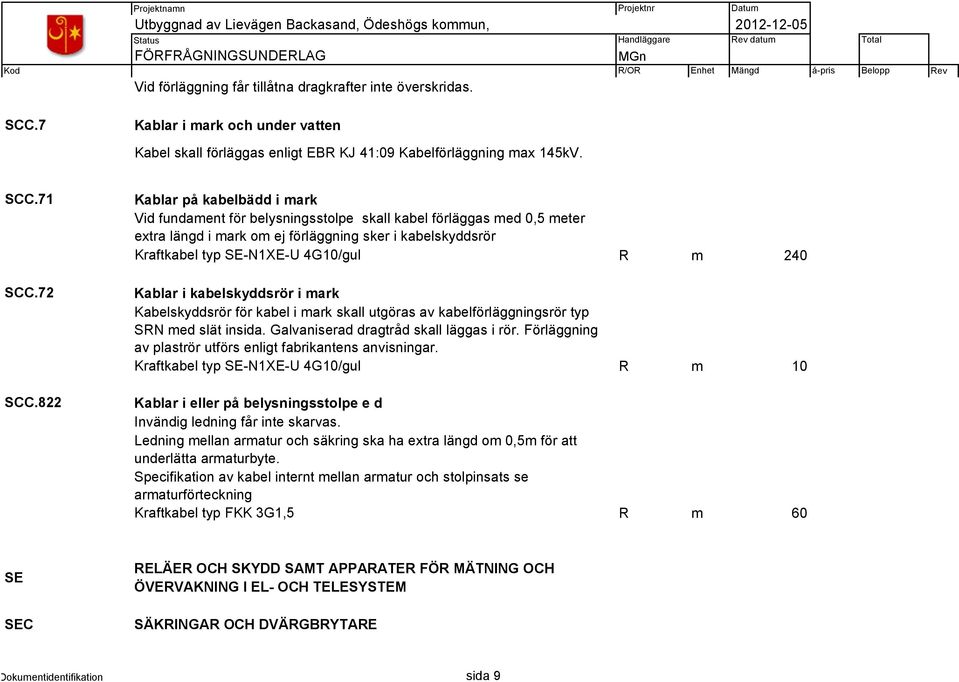 240 Kablar i kabelskyddsrör i mark Kabelskyddsrör för kabel i mark skall utgöras av kabelförläggningsrör typ SRN med slät insida. Galvaniserad dragtråd skall läggas i rör.