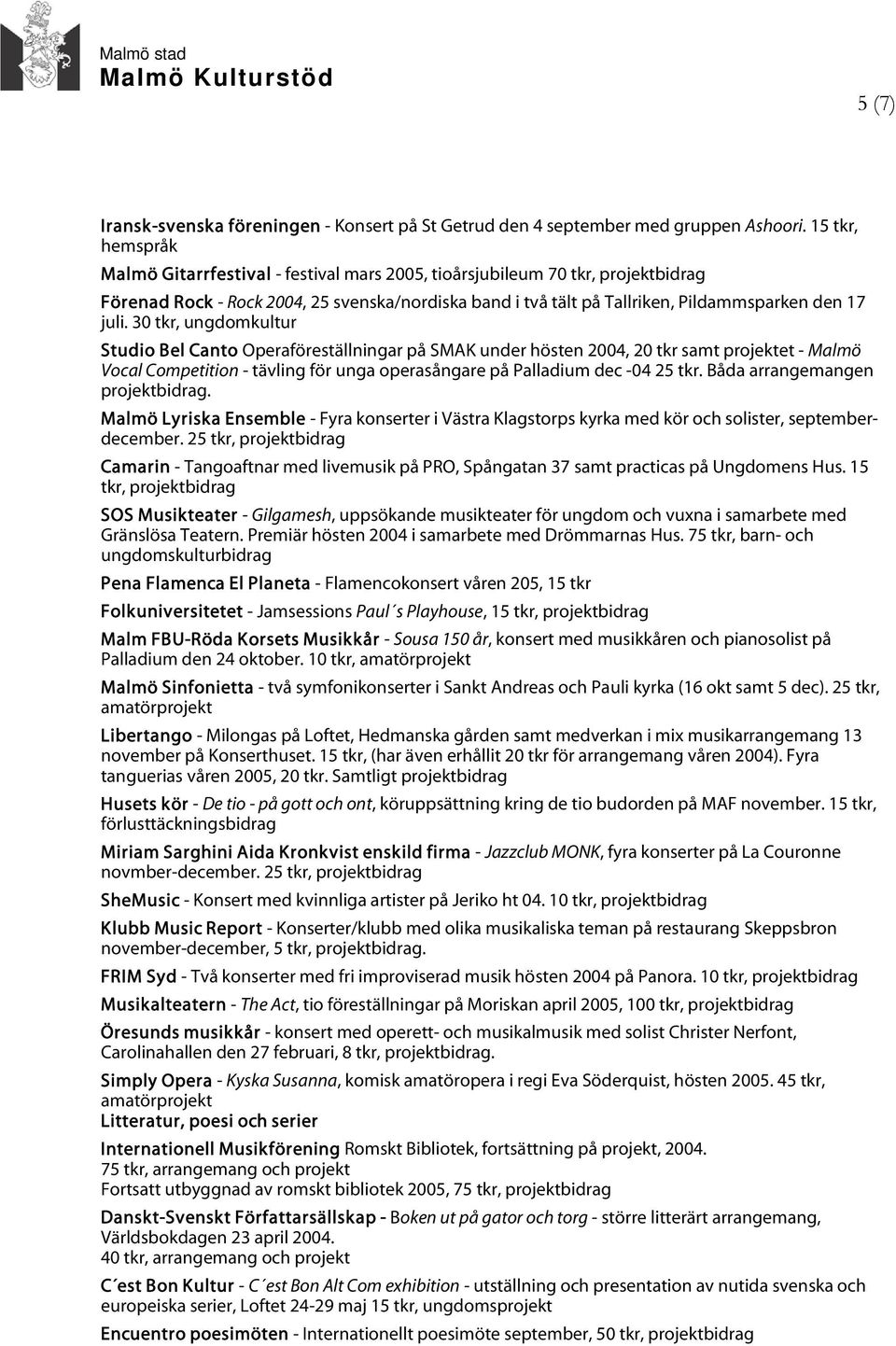 30 tkr, ungdomkultur Studio Bel Canto Operaföreställningar på SMAK under hösten 2004, 20 tkr samt projektet - Malmö Vocal Competition - tävling för unga operasångare på Palladium dec -04 25 tkr.