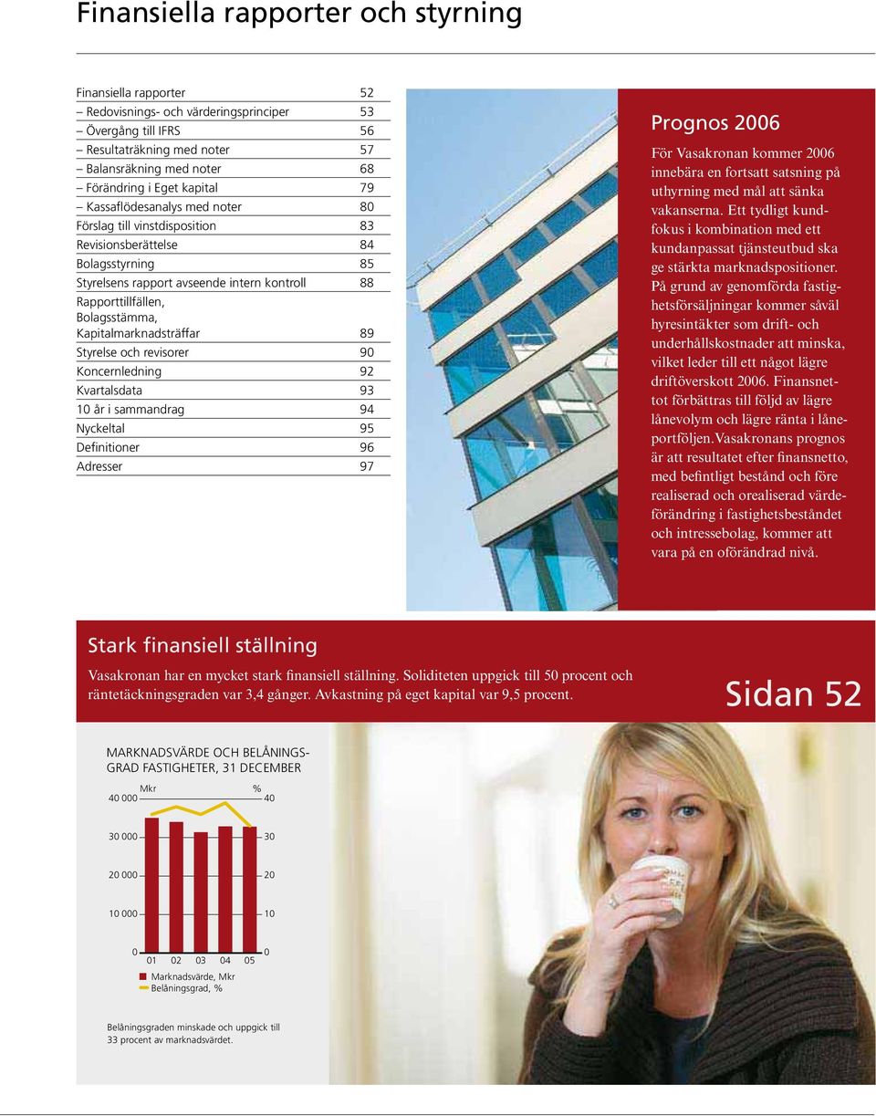 Kapitalmarknadsträffar 89 Styrelse och revisorer 9 Koncernledning 92 Kvartalsdata 93 1 år i sammandrag 94 Nyckeltal 95 Definitioner 96 Adresser 97 Prognos 26 För Vasakronan kommer 26 innebära en
