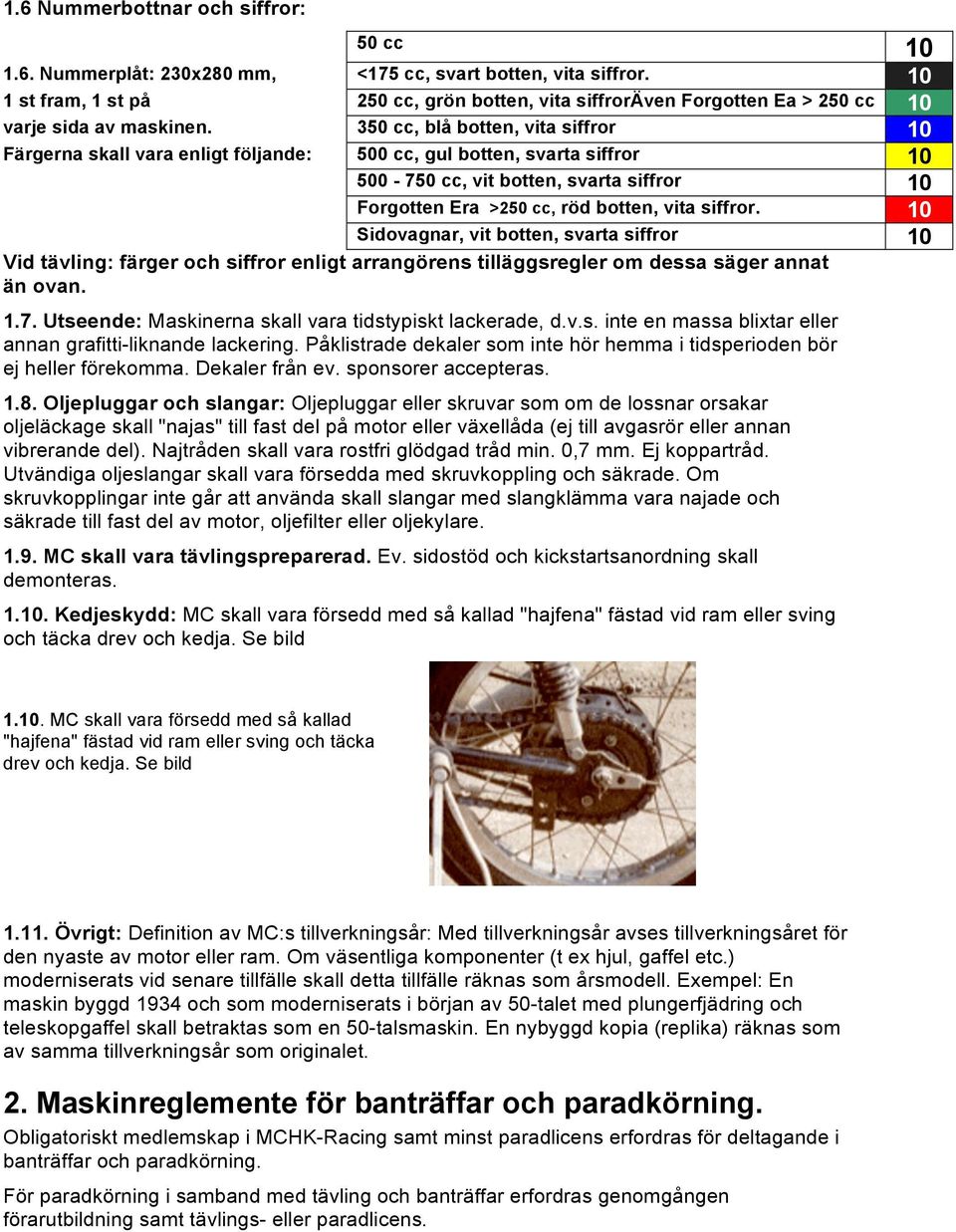 350 cc, blå botten, vita siffror 10 Färgerna skall vara enligt följande: 500 cc, gul botten, svarta siffror 10 500-750 cc, vit botten, svarta siffror 10 Forgotten Era >250 cc, röd botten, vita