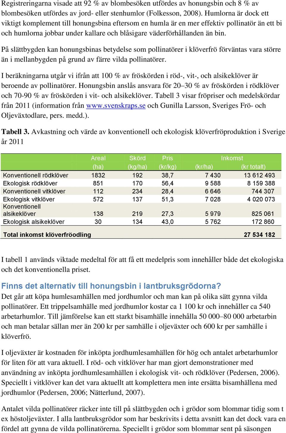 På slättbygden kan honungsbinas betydelse som pollinatörer i klöverfrö förväntas vara större än i mellanbygden på grund av färre vilda pollinatörer.