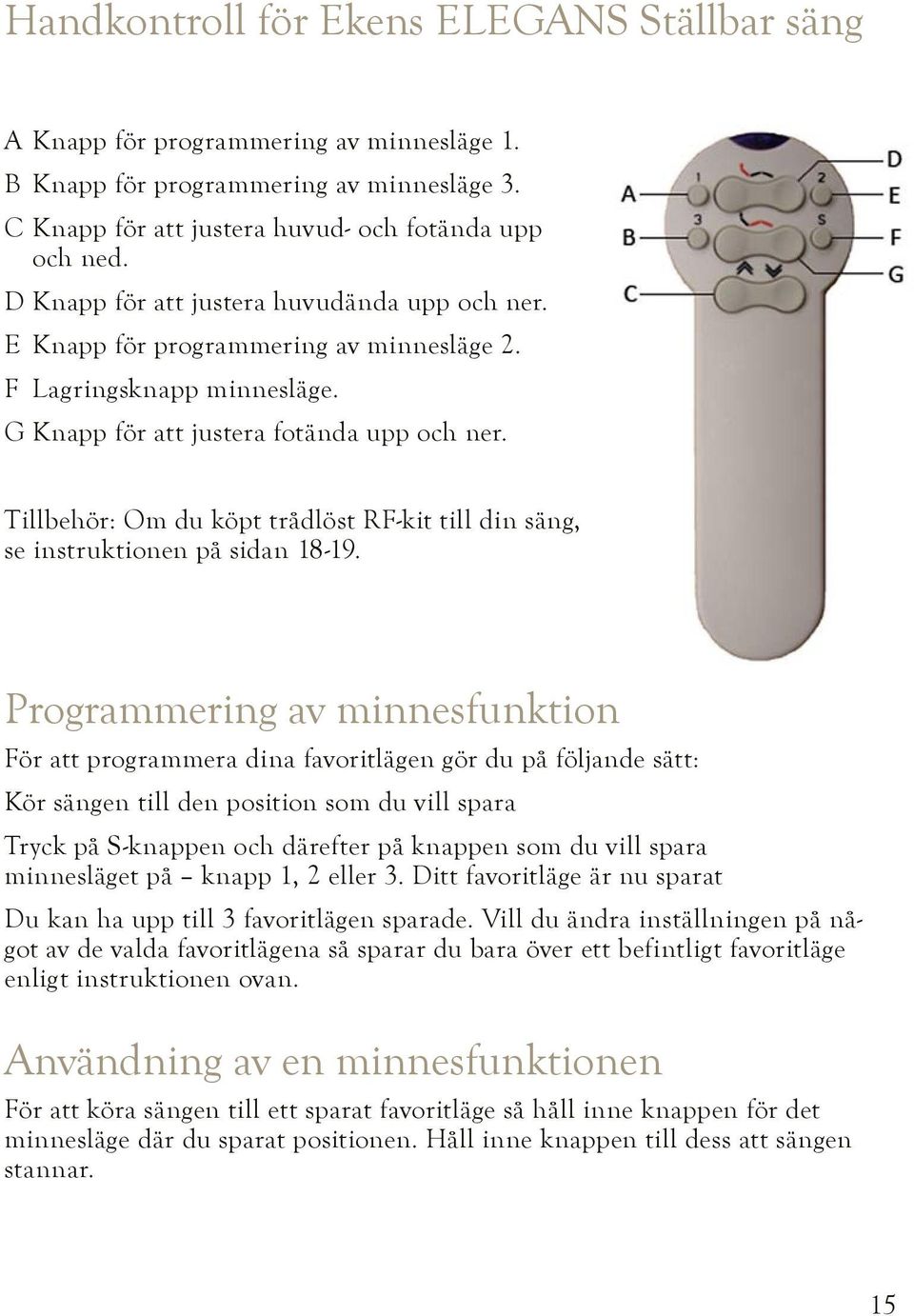 Tillbehör: Om du köpt trådlöst RF-kit till din säng, se instruktionen på sidan 18-19.