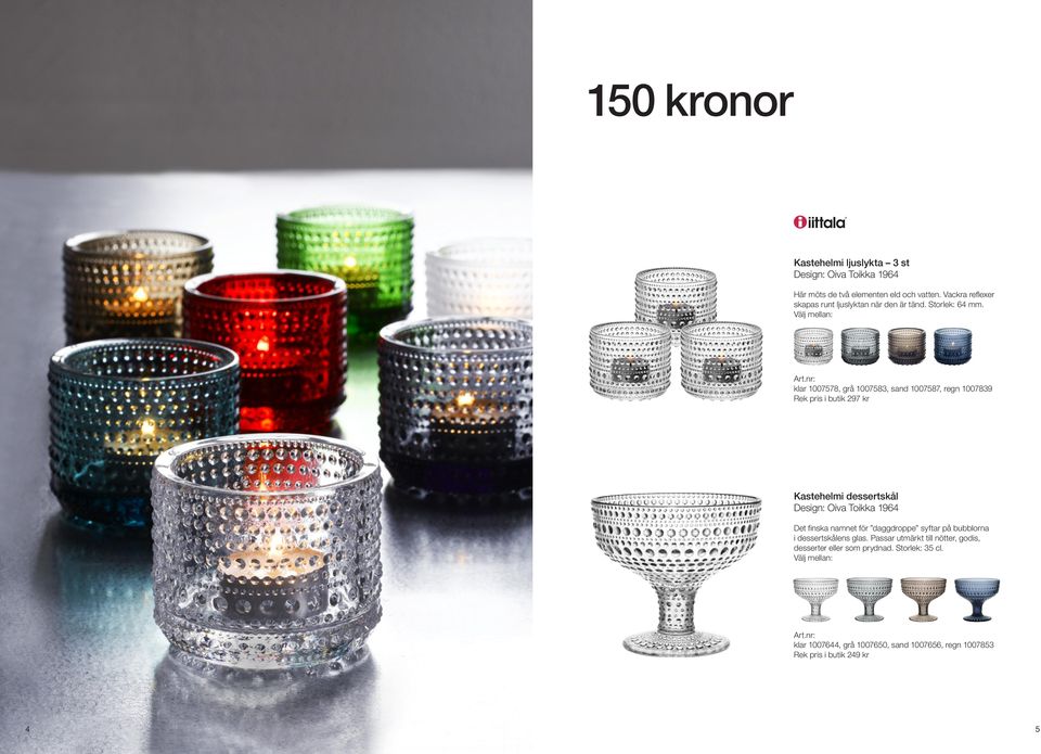 nr: klar 1007578, grå 1007583, sand 1007587, regn 1007839 Rek pris i butik 297 kr Kastehelmi dessertskål Design: Oiva Toikka 1964 Det finska