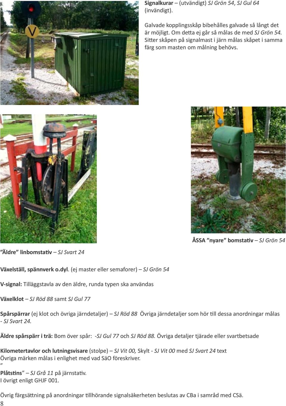 (ej master eller semaforer) SJ Grön 54 V-signal: Tilläggstavla av den äldre, runda typen ska användas Växelklot SJ Röd 88 samt SJ Gul 77 Spårspärrar (ej klot och övriga järndetaljer) SJ Röd 88 Övriga