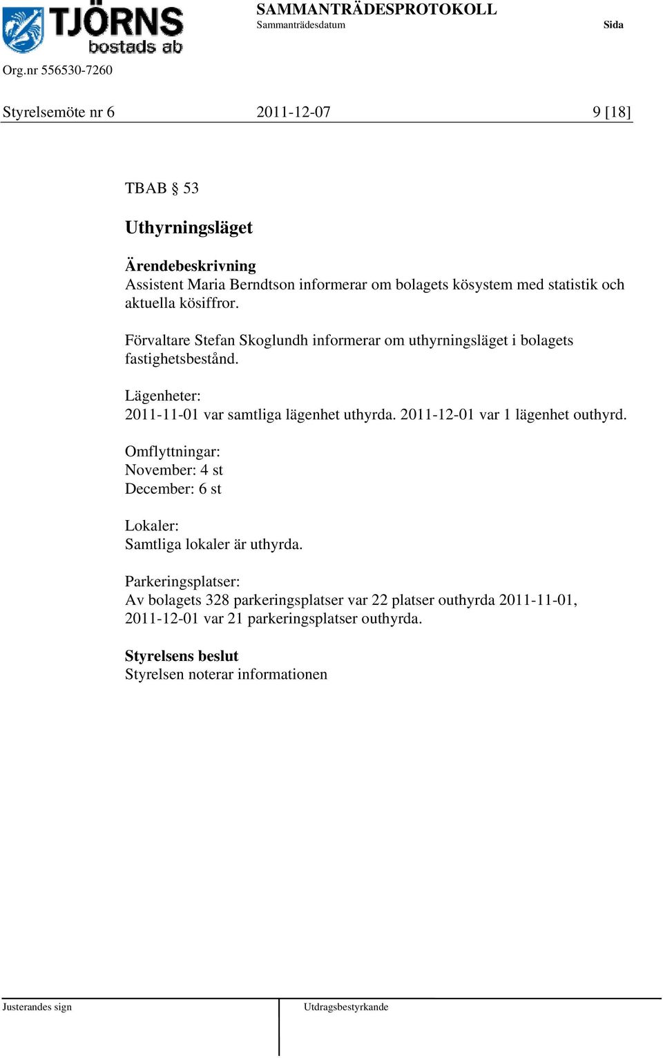 Lägenheter: 2011-11-01 var samtliga lägenhet uthyrda. 2011-12-01 var 1 lägenhet outhyrd.