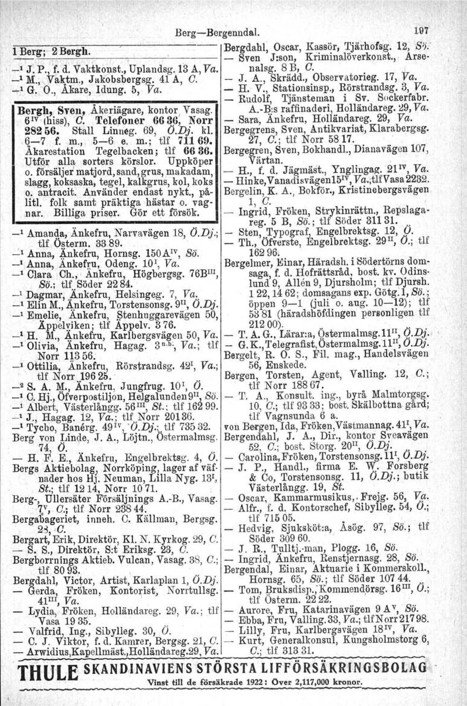 Sockerfabr, Bergh, Sven, Åkeriägare, kontor Vasag. A.-B:s raffinaderi, Holländareg. il9, Va. 61V (hiss), O. Telefoner 6636; Norr - Sara,.Änkefru, Holländareg, 29, Va. _ 282 &6; Stall Linneg. 69, O.Dj.