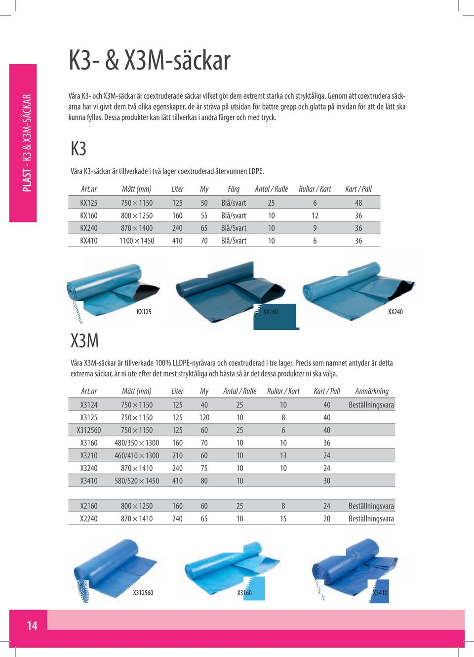 Dessa produkter kan lätt tillverkas i andra färger och med tryck. K3 Våra K3-säckar är tillverkade i två lager coextruderad återvunnen LDPE. Art.