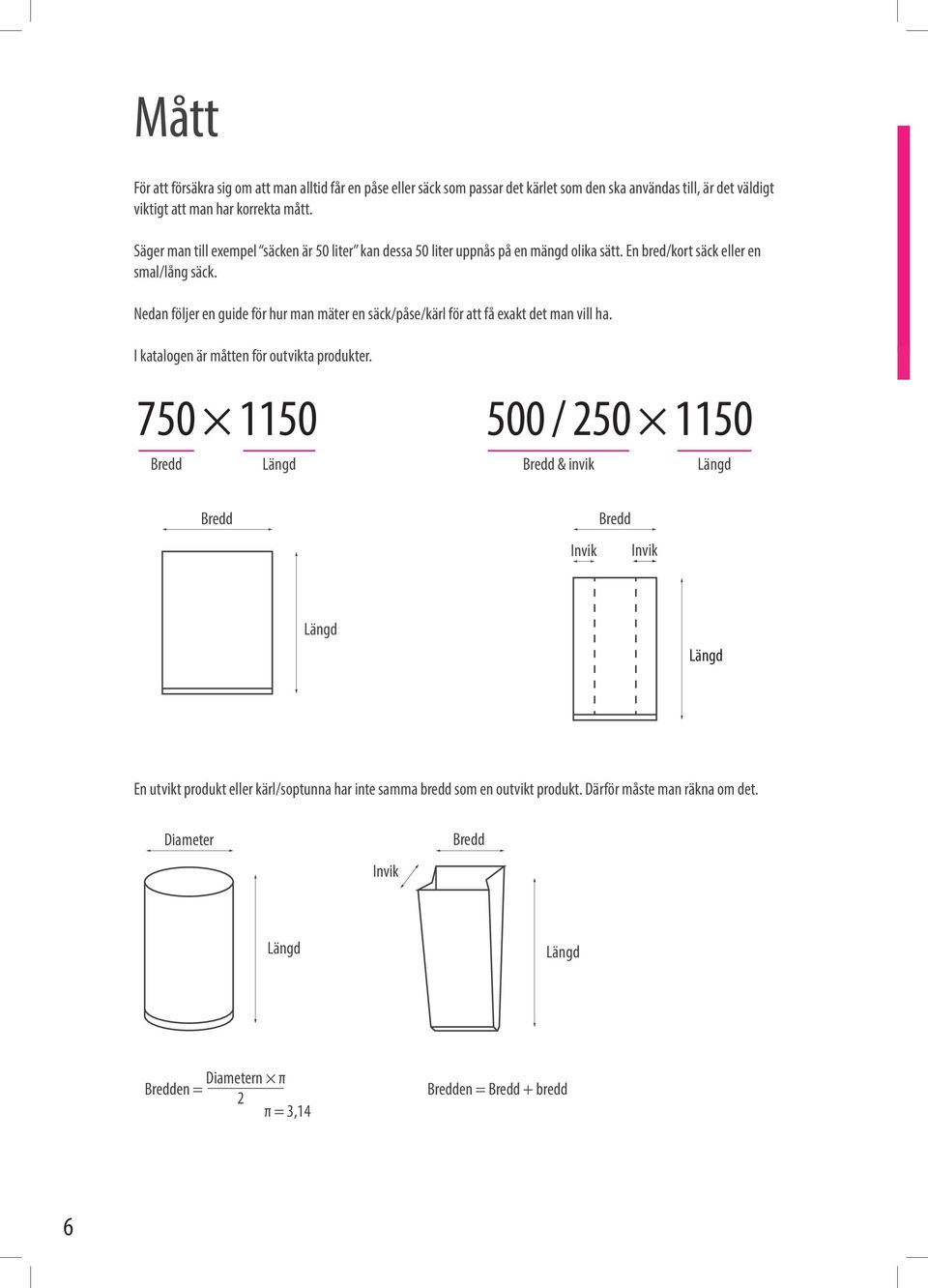 Nedan följer en guide för hur man mäter en säck/påse/kärl för att få exakt det man vill ha. I katalogen är måtten för outvikta produkter.