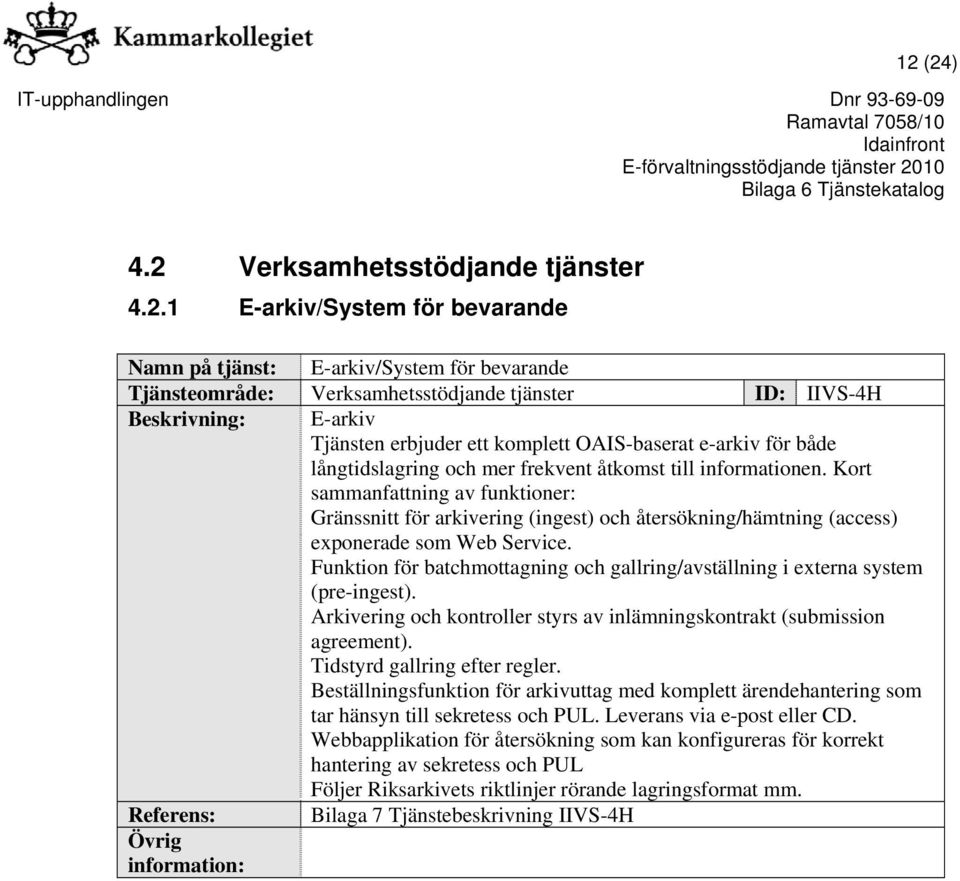 Kort sammanfattning av funktioner: Gränssnitt för arkivering (ingest) och återsökning/hämtning (access) exponerade som Web Service.