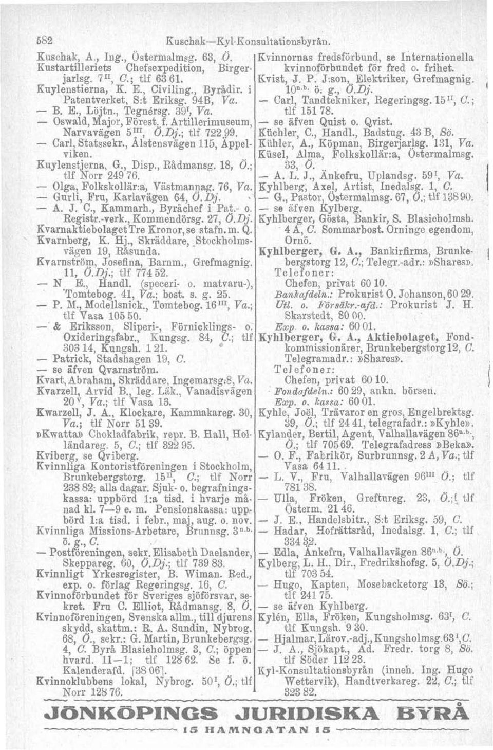 lán, C. ; - B. E.. Löitn.. Teinérse. 39'. Va. t12 15178. - Oswald, Majo;, gest. f. Art~llerimuseum, Narvavagen 5'11, Ö.Dj.; tlf 722.99. - Carl, Statssekr., Alstensvägen 115, Appelviken.