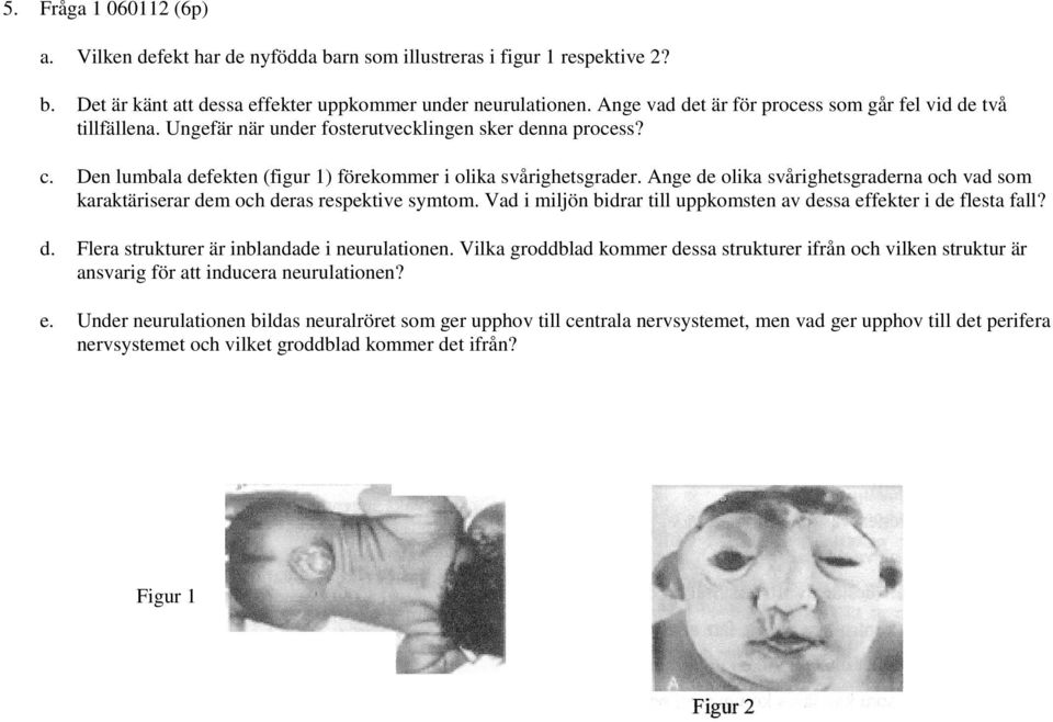 Ange de olika svårighetsgraderna och vad som karaktäriserar dem och deras respektive symtom. Vad i miljön bidrar till uppkomsten av dessa effekter i de flesta fall? d. Flera strukturer är inblandade i neurulationen.