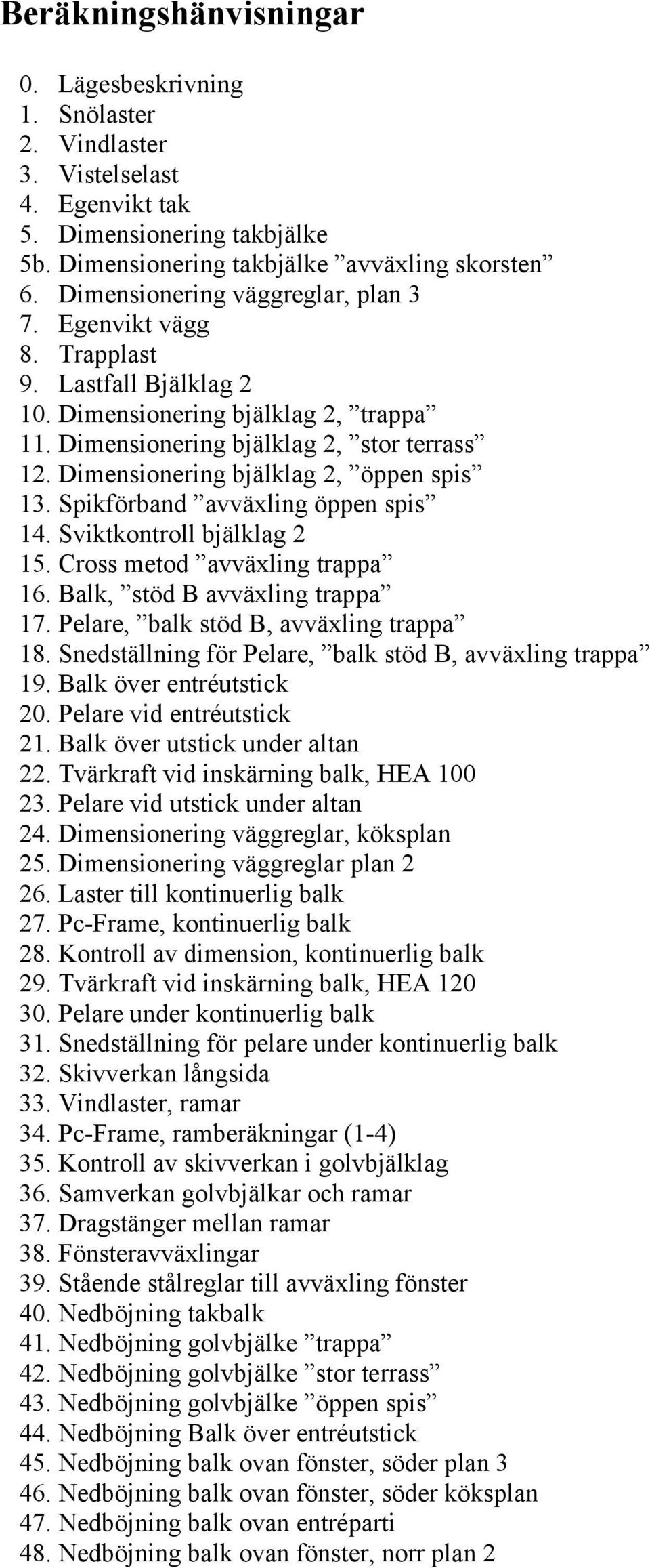 Dimensionering bjälklag 2, öppen spis 13. Spikförband avväxling öppen spis 14. Sviktkontroll bjälklag 2 15. Cross metod avväxling trappa 16. Balk, stöd B avväxling trappa 17.