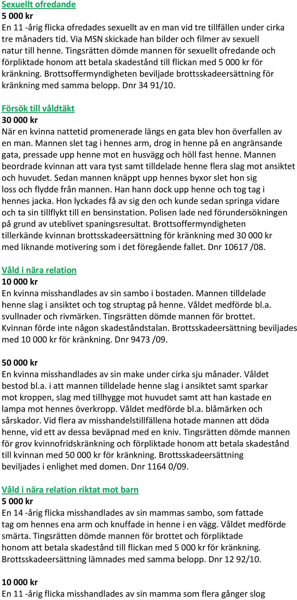 Brottsoffermyndigheten beviljade brottsskadeersättning för kränkning med samma belopp. Dnr 34 91/10.