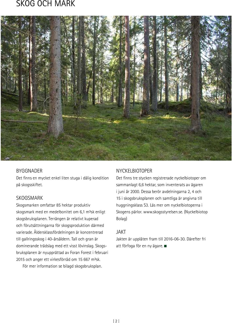 Terrängen är relativt kuperad och förutsättningarna för skogsproduktion därmed varierade. Åldersklassfördelningen är koncentrerad till gallringsskog i 40-årsåldern.