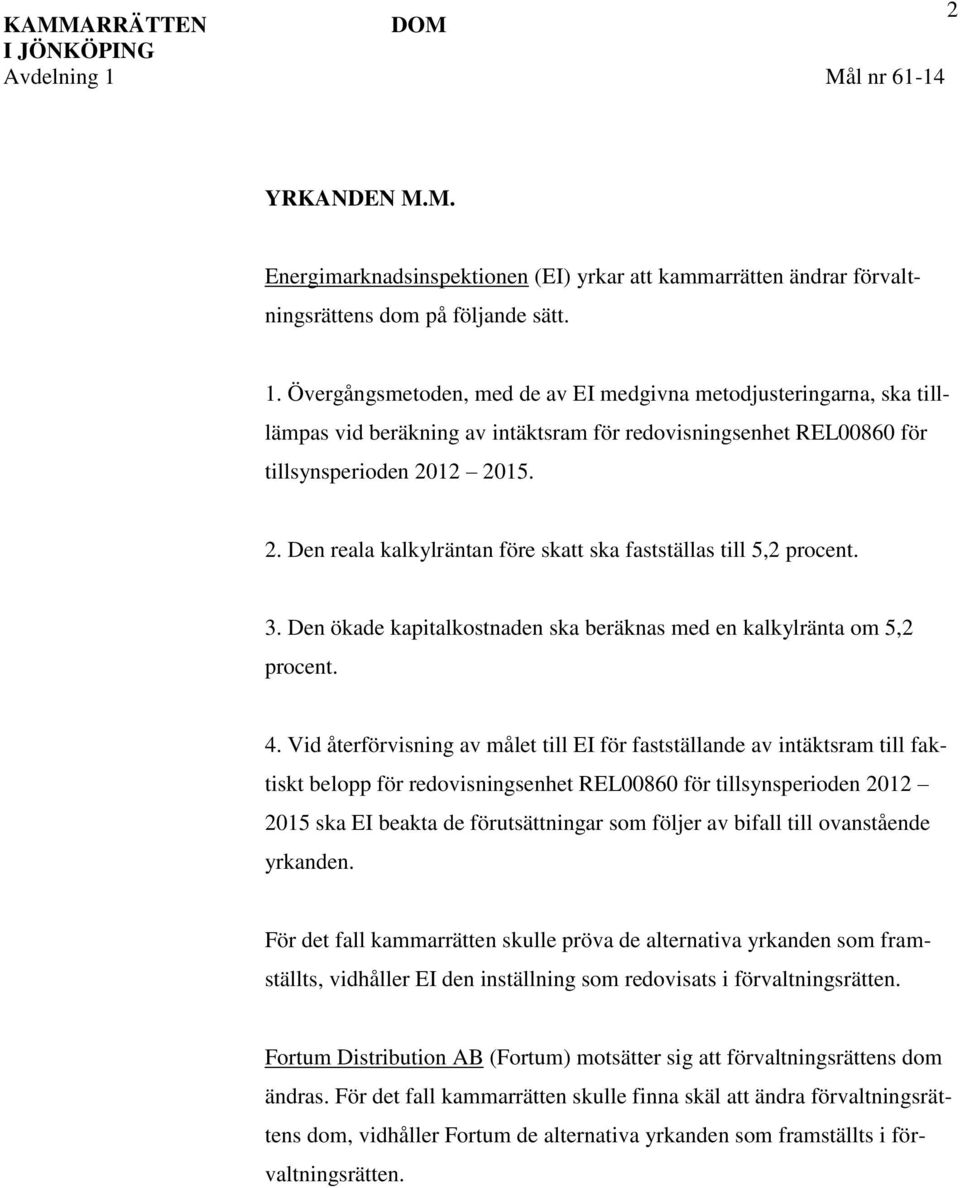 Övergångsmetoden, med de av EI medgivna metodjusteringarna, ska tilllämpas vid beräkning av intäktsram för redovisningsenhet REL00860 för tillsynsperioden 20