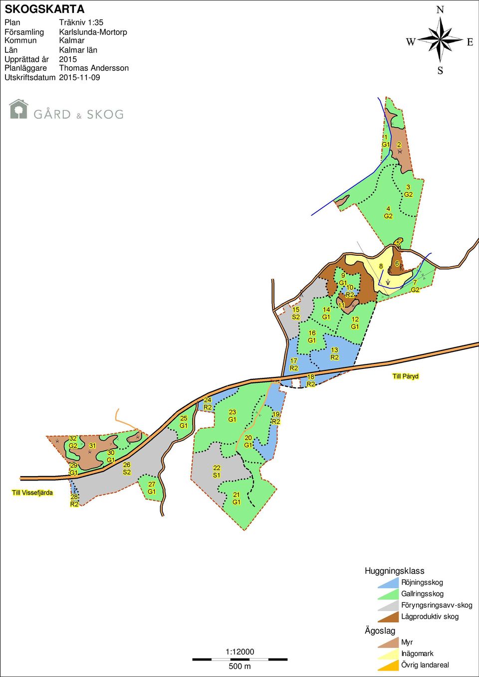 Utskriftsdatum 2015-11-09 1:12000 500 m Huggningsklass sskog Ägoslag