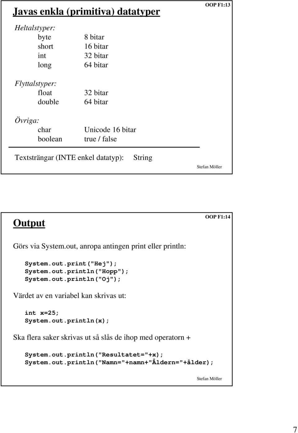 out, anropa antingen print eller println: System.out.print("Hej"); System.out.println("Hopp"); System.out.println("Oj"); Värdet av en variabel kan skrivas ut: int x=25; System.