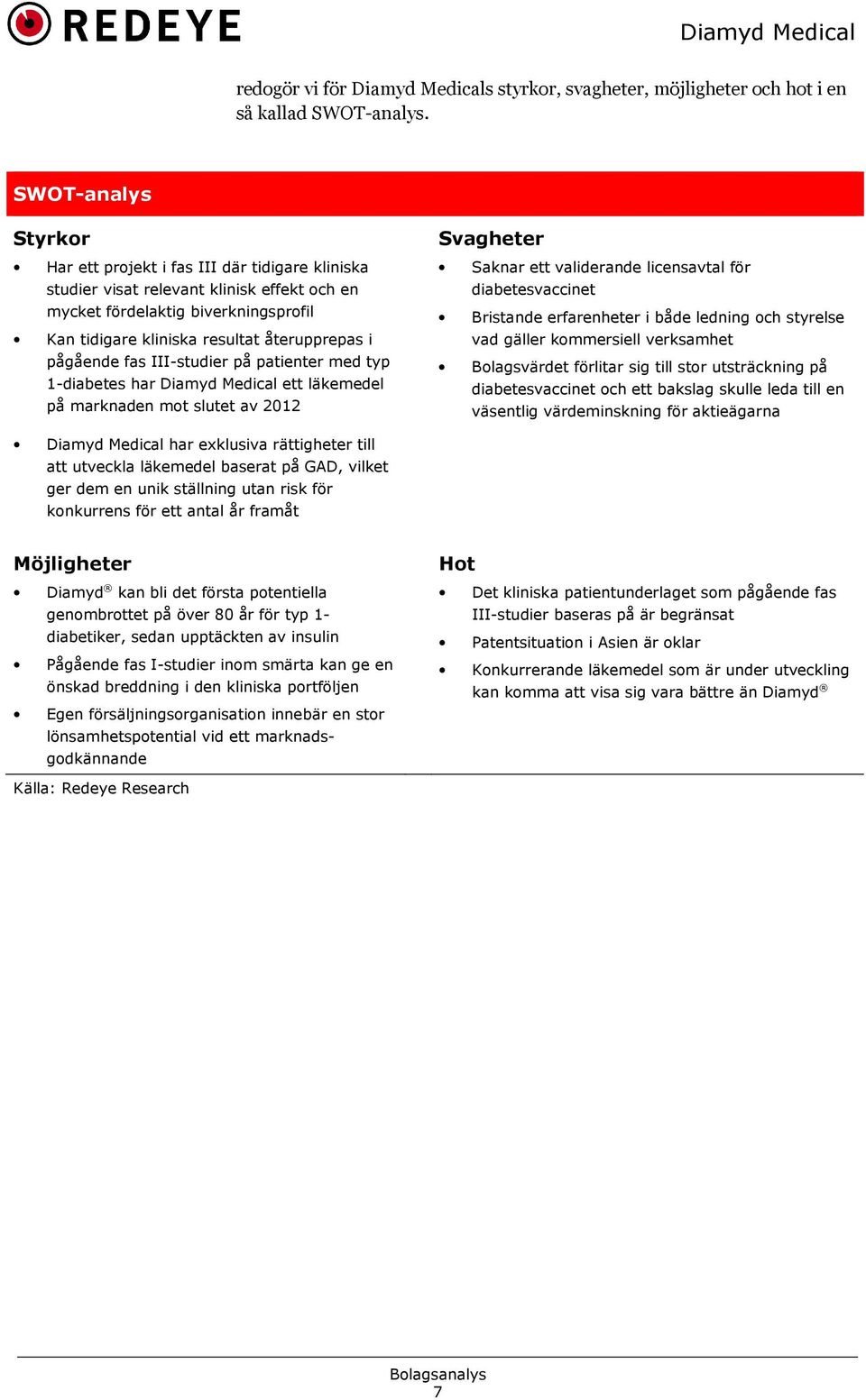 pågående fas III-studier på patienter med typ 1-diabetes har Diamyd Medical ett läkemedel på marknaden mot slutet av 2012 Svagheter Saknar ett validerande licensavtal för diabetesvaccinet Bristande
