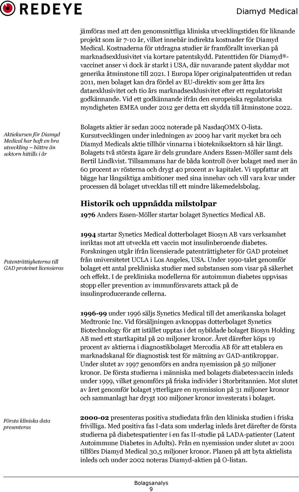 Patenttiden för Diamyd - vaccinet anser vi dock är starkt i USA, där nuvarande patent skyddar mot generika åtminstone till 2021.