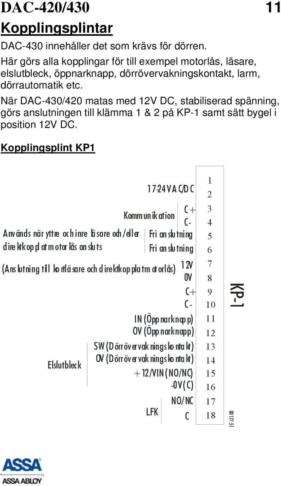 När DAC-430/420 matas med 12V DC, stabiliserad spänning, görs anslutningen till klämma 1 & 2 på KP-1 samt sätt bygel i position 12V DC.