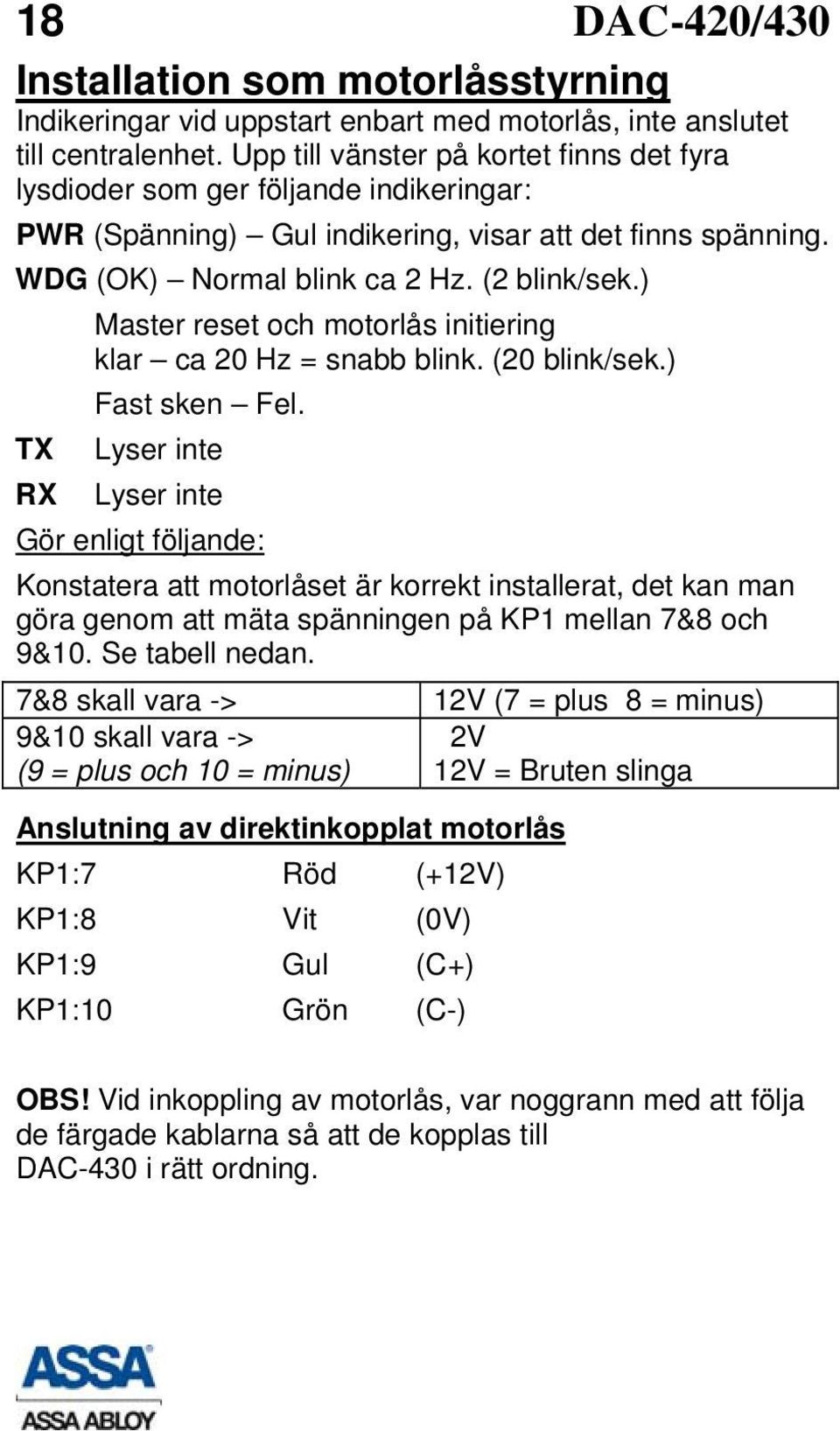 ) TX RX Master reset och motorlås initiering klar ca 20 Hz = snabb blink. (20 blink/sek.) Fast sken Fel.