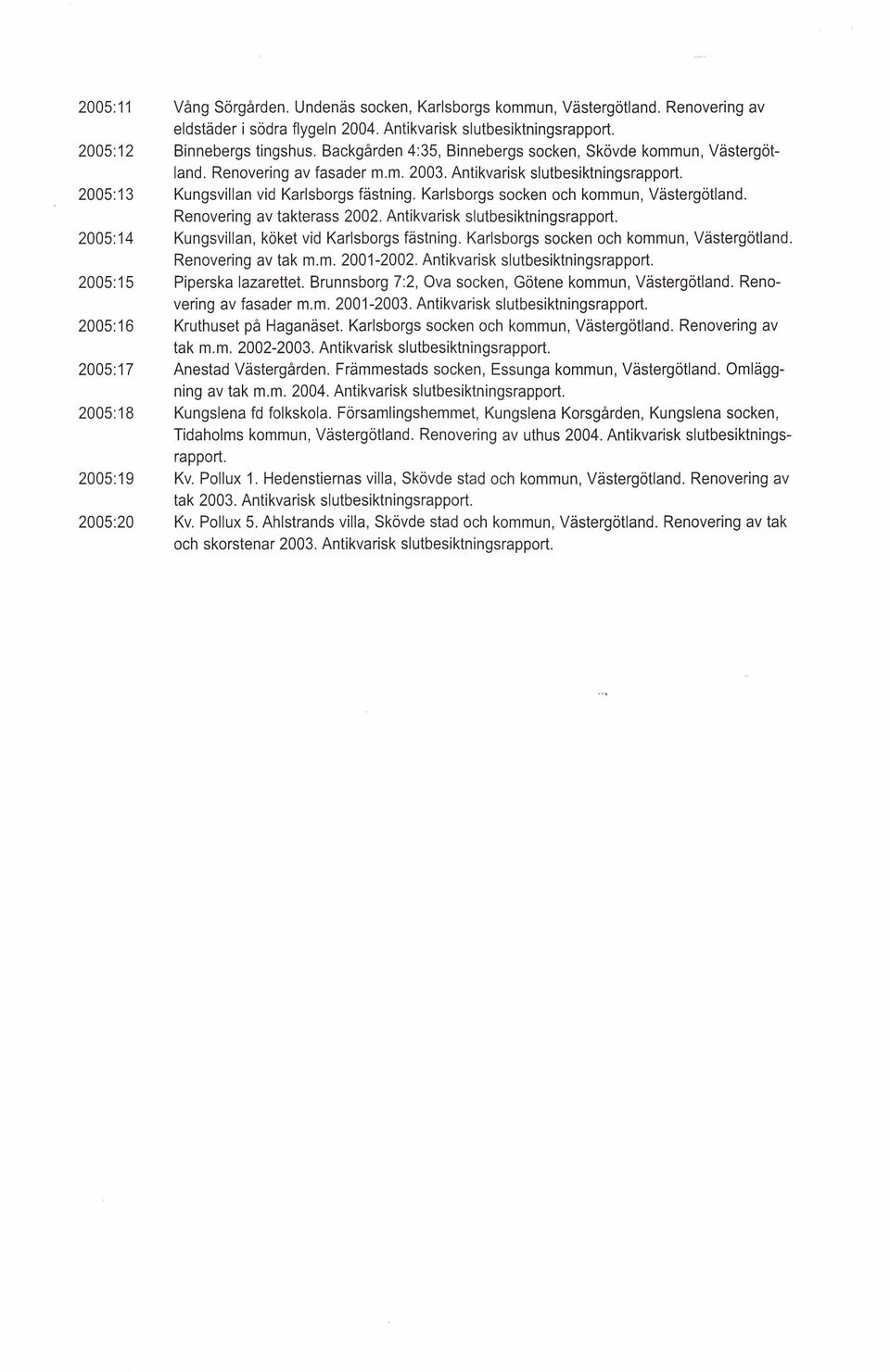 Renovering av takterass 2002. Antikvarisk slutbesiktningsrapport. 2005:14 Kungsvillan, köket vid Karlsborgs fästning. Karlsborgs socken och kommun,. Renovering av tak m.m. 2001-2002.