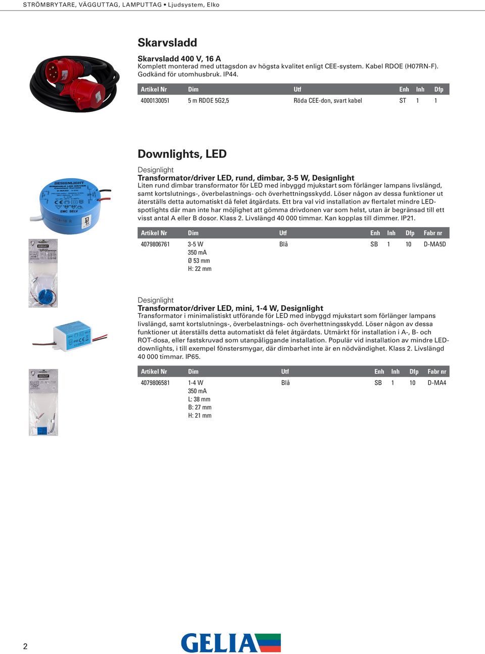 Skarvsladd 400 V, 16 A Artikel Nr Dim Utf Enh Inh Dfp 4000130051 5 m RDOE 5G2,5 Röda CEE-don, svart kabel ST 1 1 Downlights, LED Designlight Transformator/driver LED, rund, dimbar, 3-5 W, Designlight