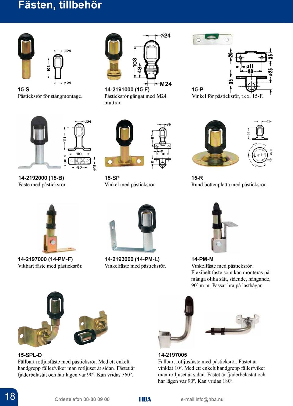 14-PM-M Vinkelfäste med påsticksrör. Flexibelt fäste som kan monteras på många olika sätt, stående, hängande, 90º m.m. Passar bra på lastbågar. 15-SPL-D Fällbart rotljusfäste med påsticksrör.