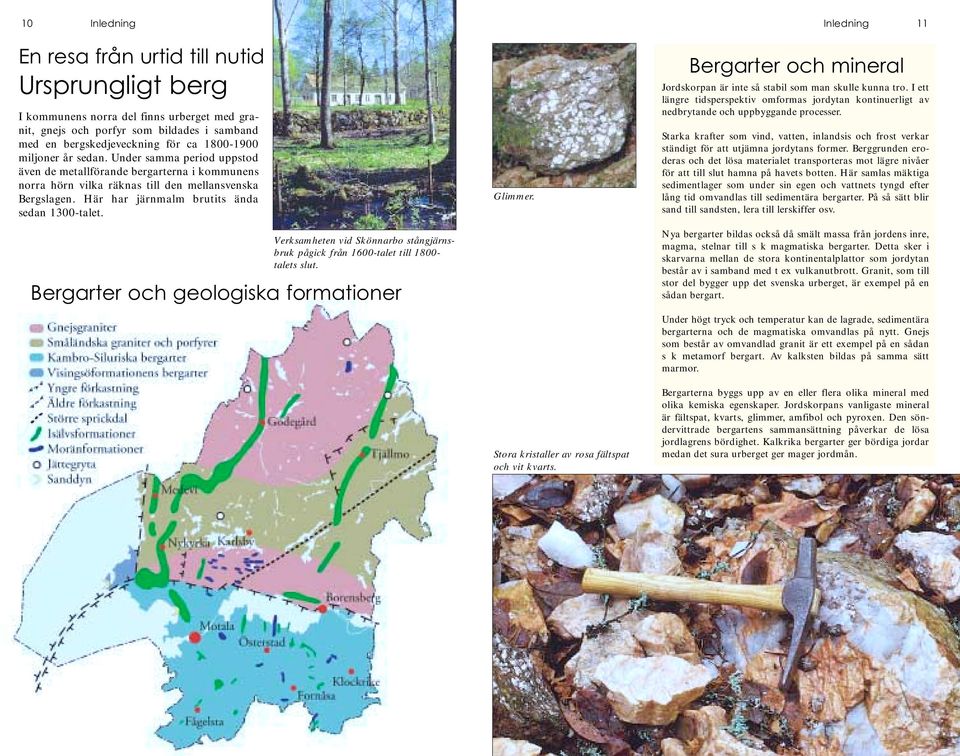 Här har järnmalm brutits ända sedan 1300-talet. Verksamheten vid Skönnarbo stångjärnsbruk pågick från 1600-talet till 1800- talets slut. Bergarter och geologiska formationer Glimmer.