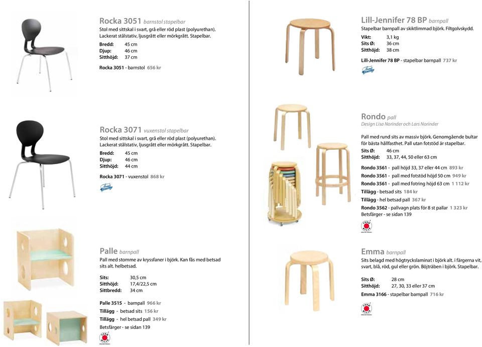 Vikt: Sits Ø: Sitthöjd: 3,1 kg 36 cm 38 cm Lill-Jennifer 78 BP - stapelbar barnpall 737 kr Rocka 3071 vuxenstol stapelbar Stol med sittskal i svart, grå eller röd plast (polyurethan).