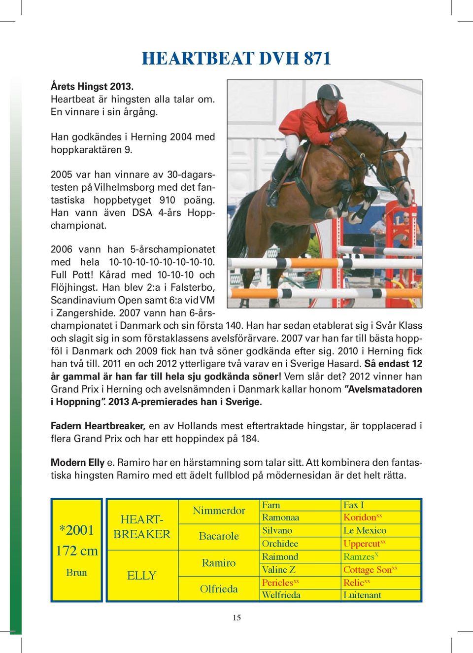 HEARTBEAT DVH 871 2006 vann han 5-årschampionatet med hela 10-10-10-10-10-10-10-10. Full Pott! Kårad med 10-10-10 och Flöjhingst.